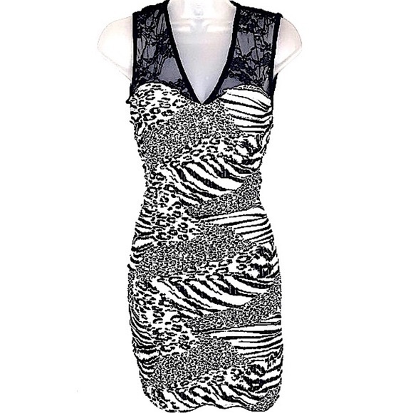 Y2K Codigo Animal Print Tiered Ruffle Mesh Lace Mini Dress Black White Small - Picture 1 of 11